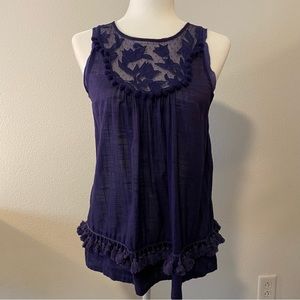 Anthropologie Floreat Blue Lace Pom Pom Tassel Cotton Sleeveless Blouse